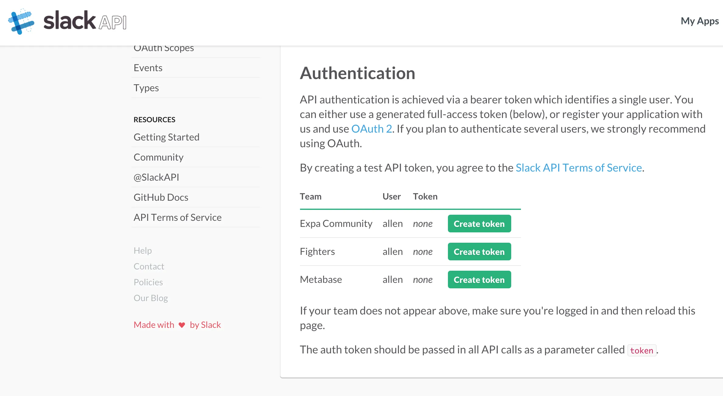Slack API Auth