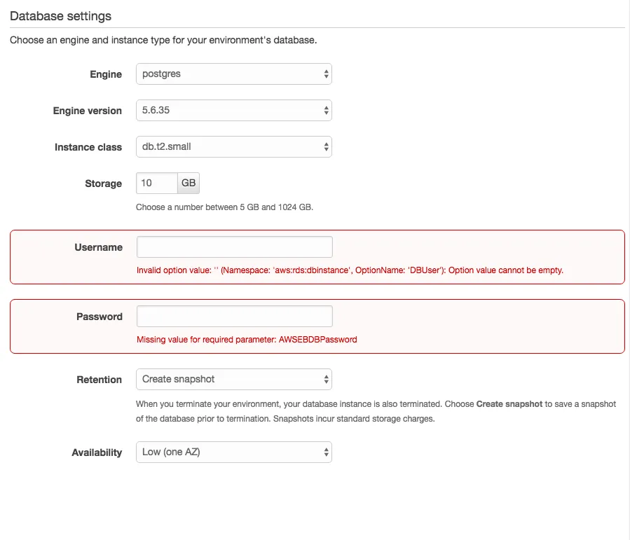 Elastic Beanstalk Database Settings