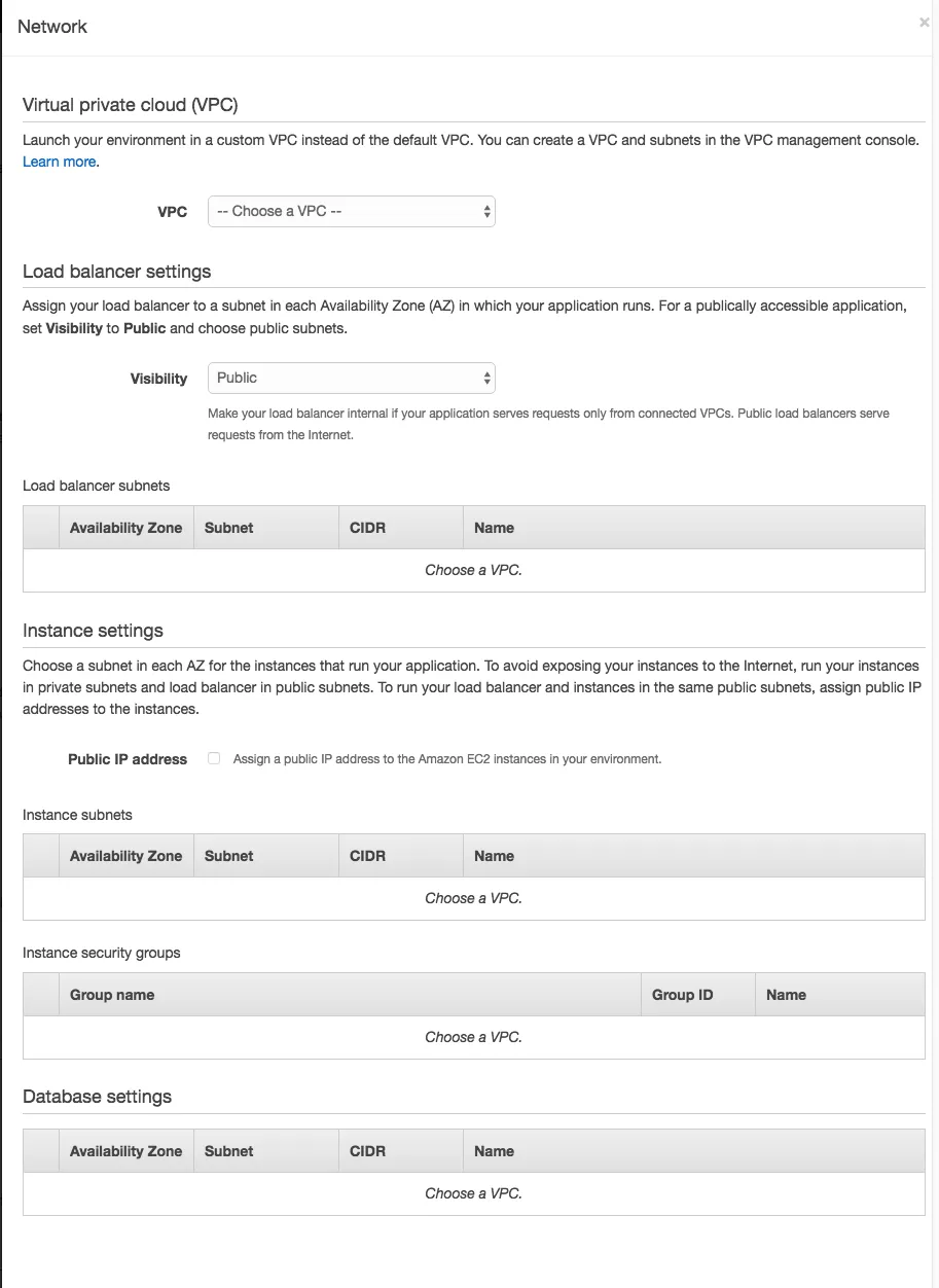 Elastic Beanstalk VPC Settings