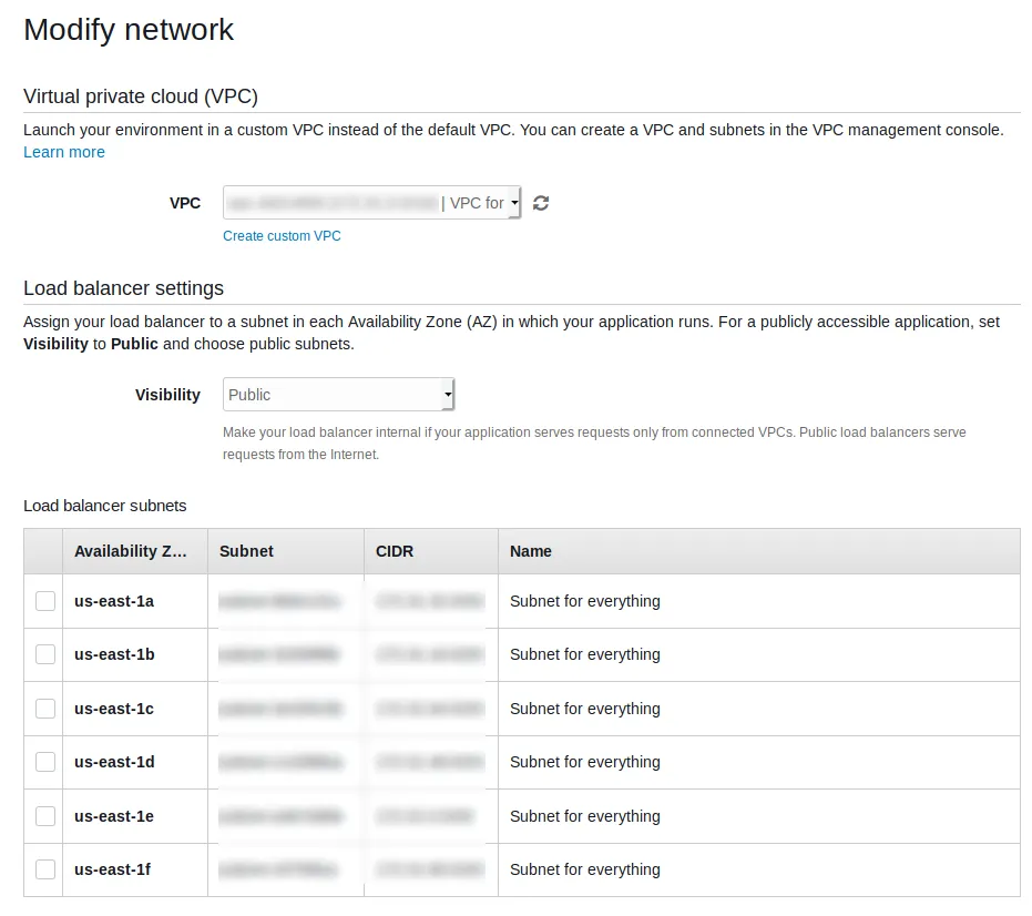 Elastic Beanstalk VPC Settings