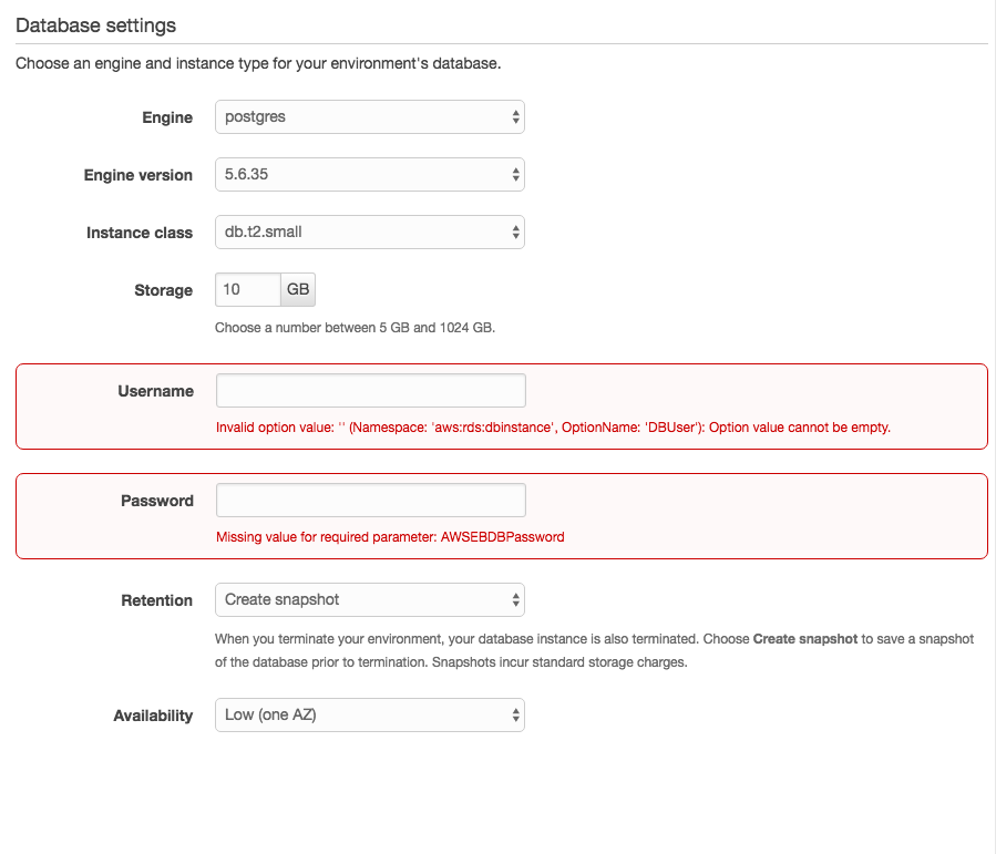 Elastic Beanstalk Database Settings
