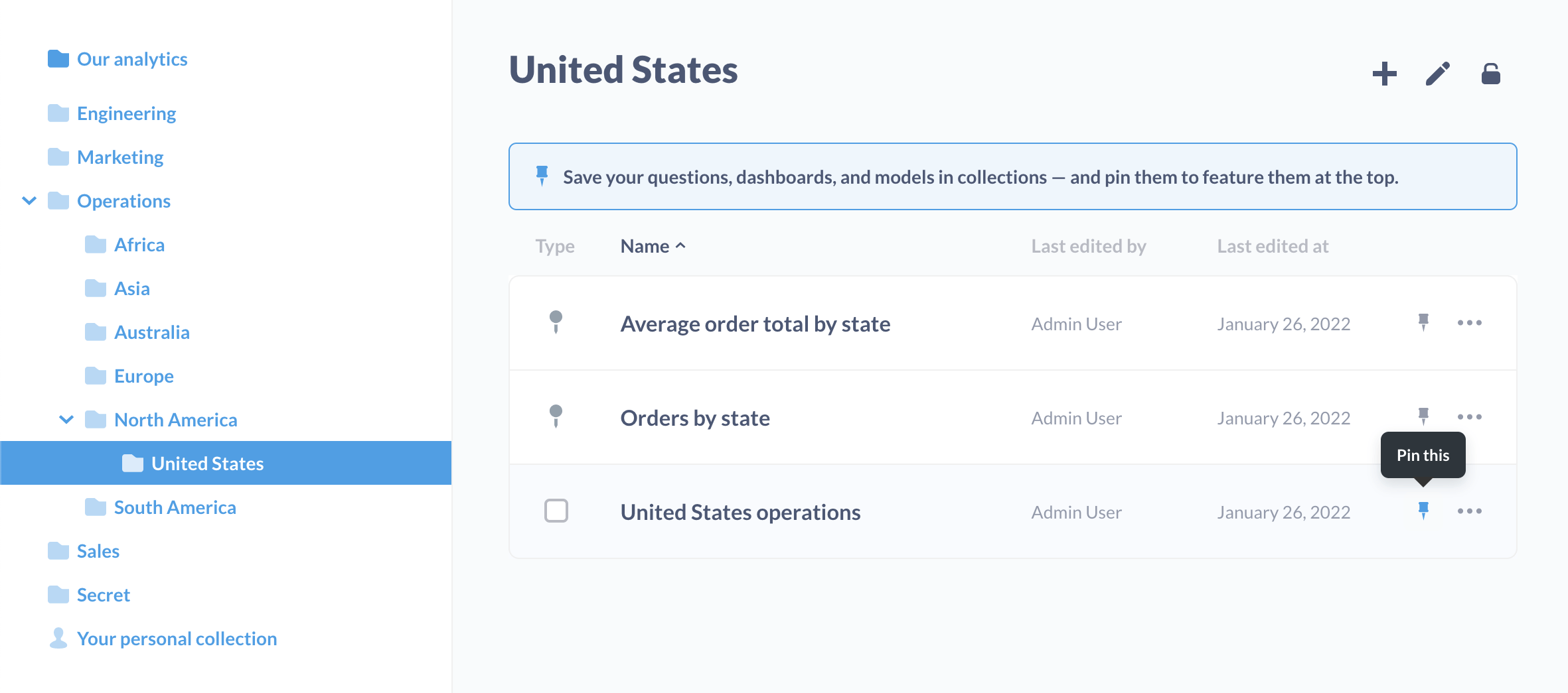 Pinning a dashboard in a collection