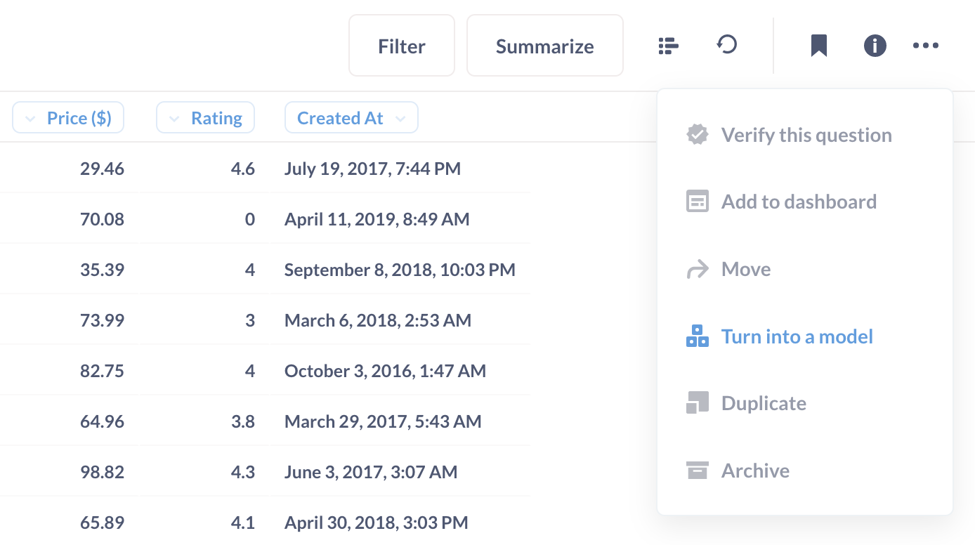 Turn a saved question into a model