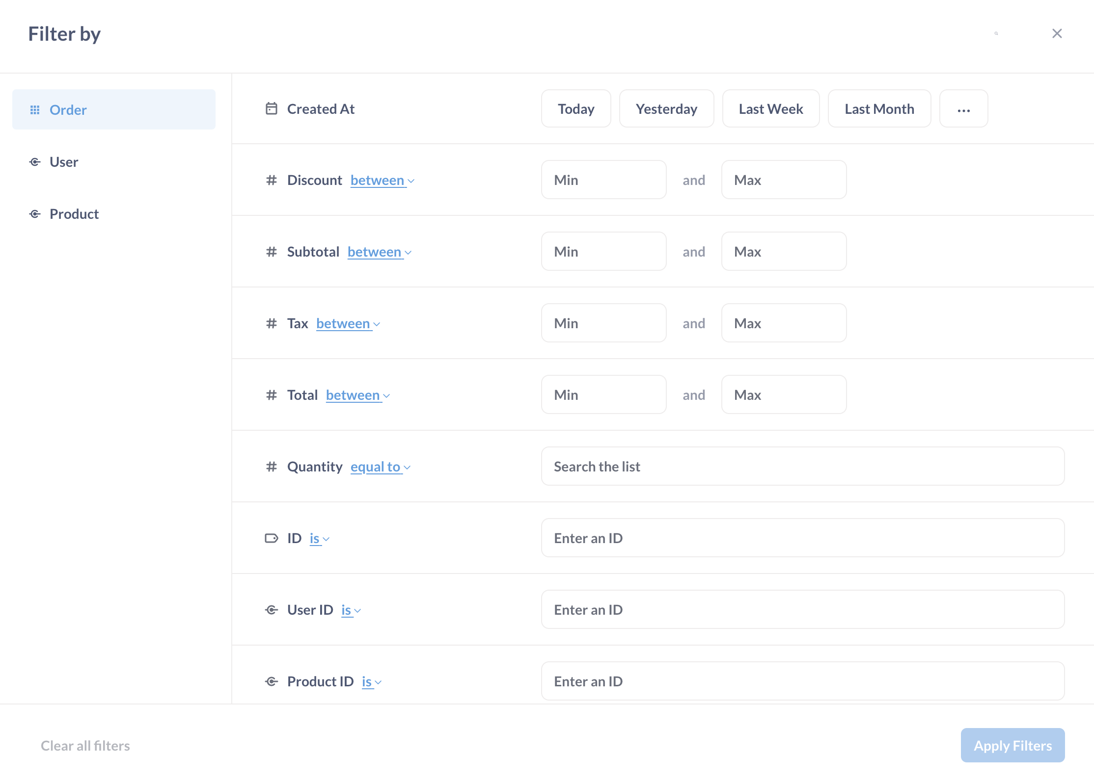 Bulk filter modal
